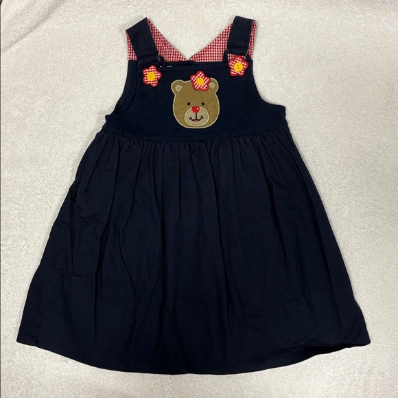 Vintage Navy Blue teddy bear Dress with red gingham flowers girls size 5 - Picture 1 of 8